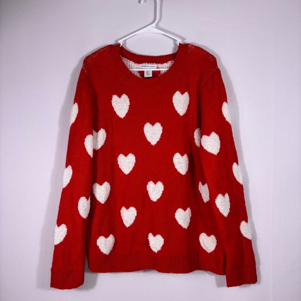 NWT Cupcakes & Cashmere Reversible Red Sweater with White Hearts Size XL T8